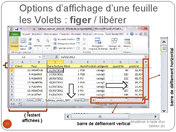 barre de défilement horizontal Options d’affichage d’une feuille les Volets : figer / libérer