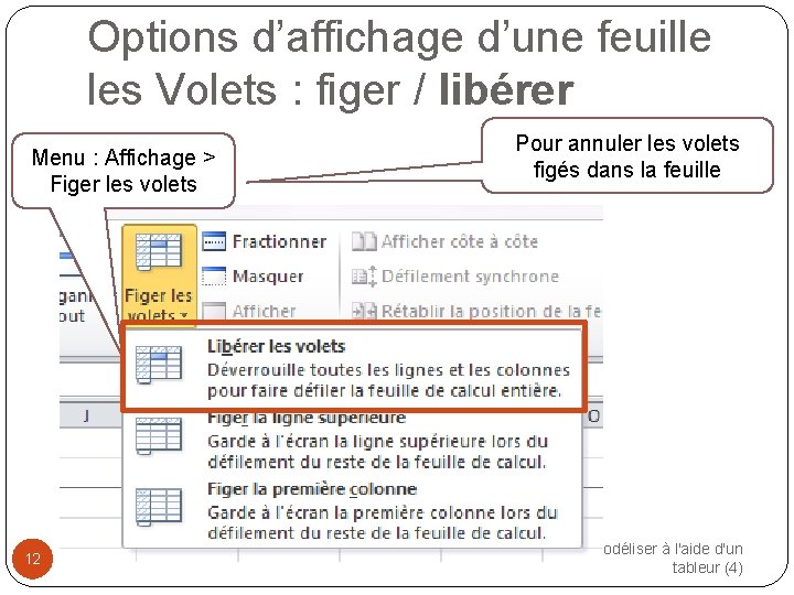 Options d’affichage d’une feuille les Volets : figer / libérer Menu : Affichage >