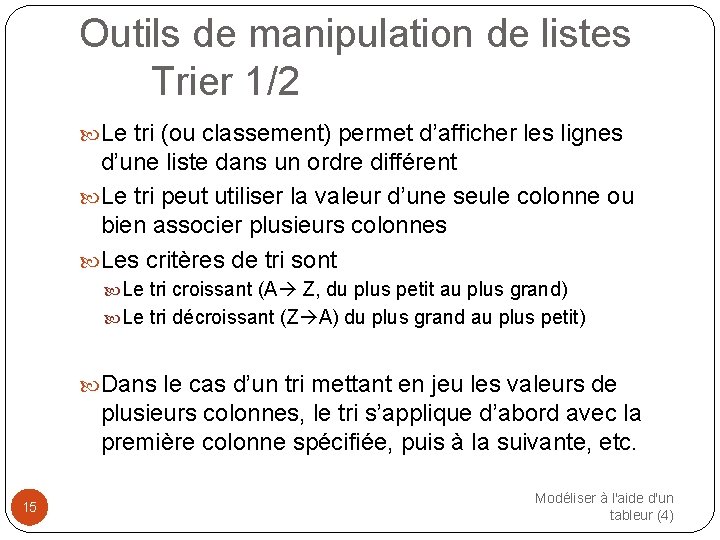 Outils de manipulation de listes Trier 1/2 Le tri (ou classement) permet d’afficher les