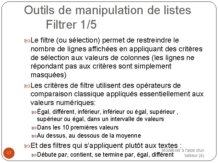 Outils de manipulation de listes Filtrer 1/5 Le filtre (ou sélection) permet de restreindre