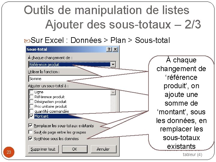 Outils de manipulation de listes Ajouter des sous-totaux – 2/3 Sur Excel : Données