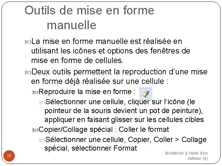 Outils de mise en forme manuelle La mise en forme manuelle est réalisée en