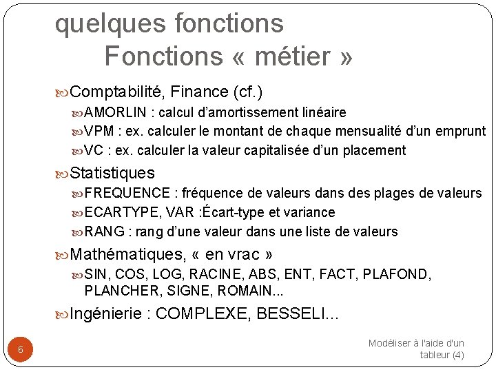 quelques fonctions Fonctions « métier » Comptabilité, Finance (cf. ) AMORLIN : calcul d’amortissement