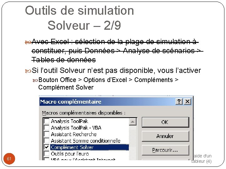 Outils de simulation Solveur – 2/9 Avec Excel : sélection de la plage de