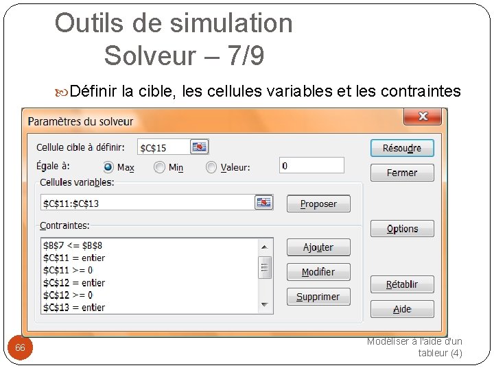 Outils de simulation Solveur – 7/9 Définir la cible, les cellules variables et les
