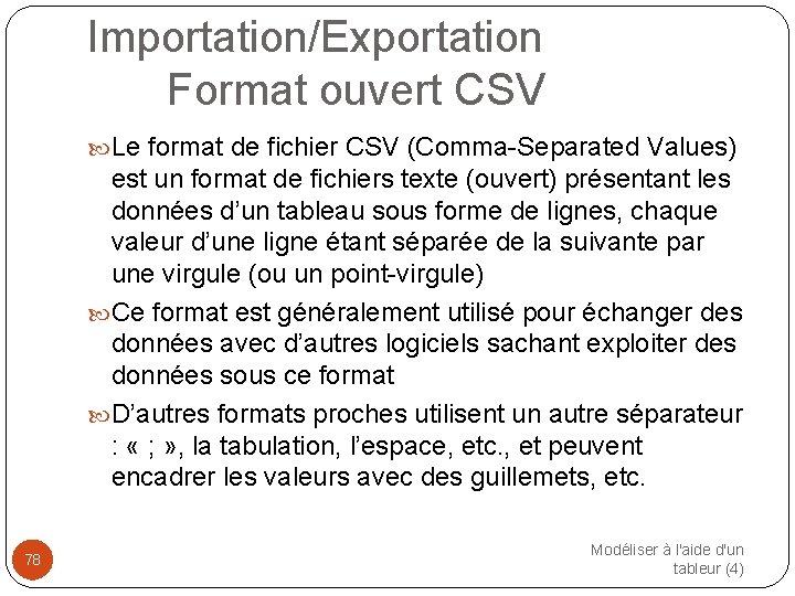 Importation/Exportation Format ouvert CSV Le format de fichier CSV (Comma-Separated Values) est un format