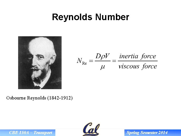 Reynolds Number Osbourne Reynolds (1842 -1912) CBE 150 A – Transport Spring Semester 2014