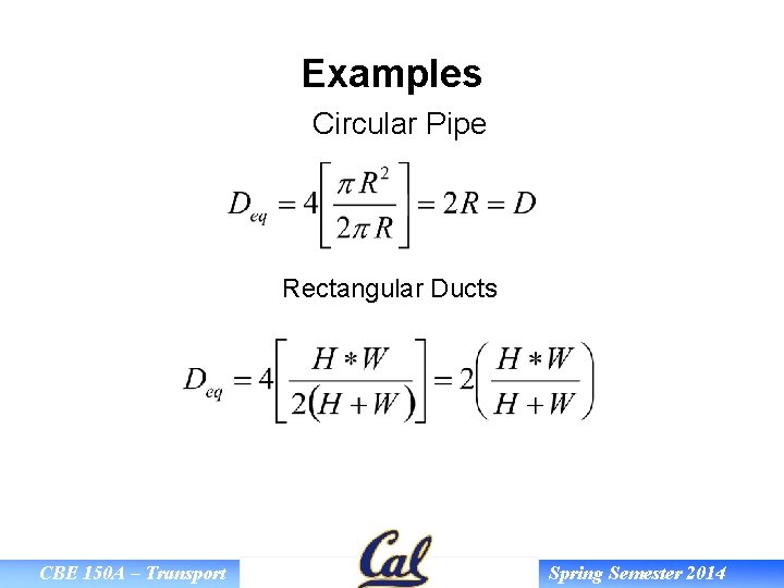 Examples Circular Pipe Rectangular Ducts CBE 150 A – Transport Spring Semester 2014 