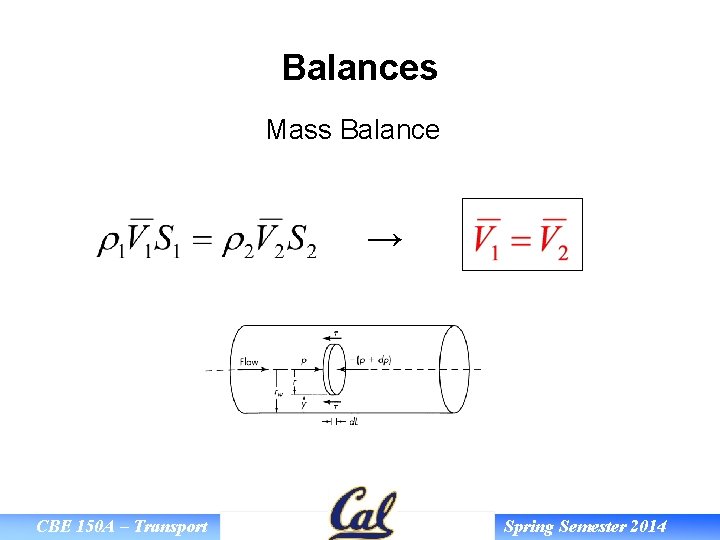 Balances Mass Balance → CBE 150 A – Transport Spring Semester 2014 