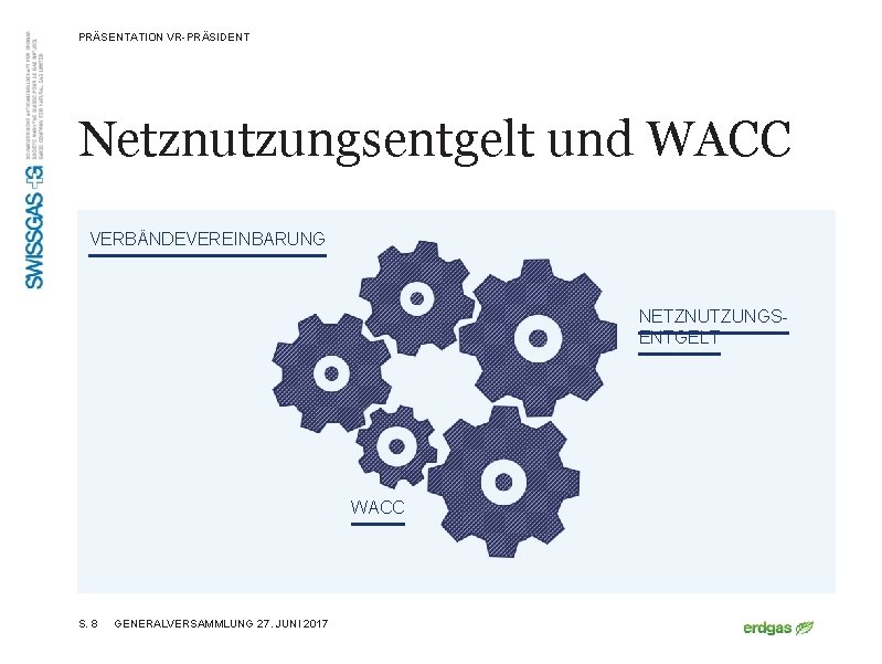 PRÄSENTATION VR-PRÄSIDENT Netznutzungsentgelt und WACC VERBÄNDEVEREINBARUNG NETZNUTZUNGSENTGELT WACC S. 8 GENERALVERSAMMLUNG 27. JUNI 2017