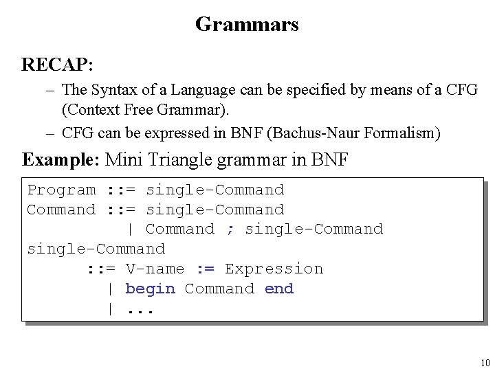 Grammars RECAP: – The Syntax of a Language can be specified by means of