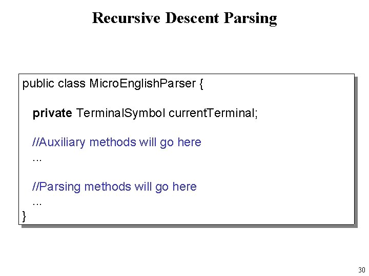 Recursive Descent Parsing public class Micro. English. Parser { private Terminal. Symbol current. Terminal;