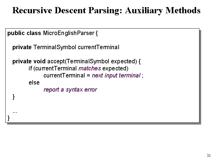 Recursive Descent Parsing: Auxiliary Methods public class Micro. English. Parser { private Terminal. Symbol