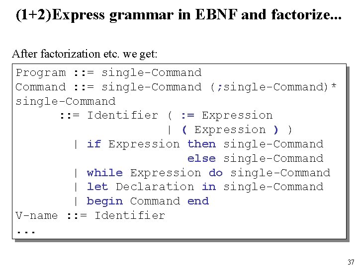 (1+2)Express grammar in EBNF and factorize. . . After factorization etc. we get: Program