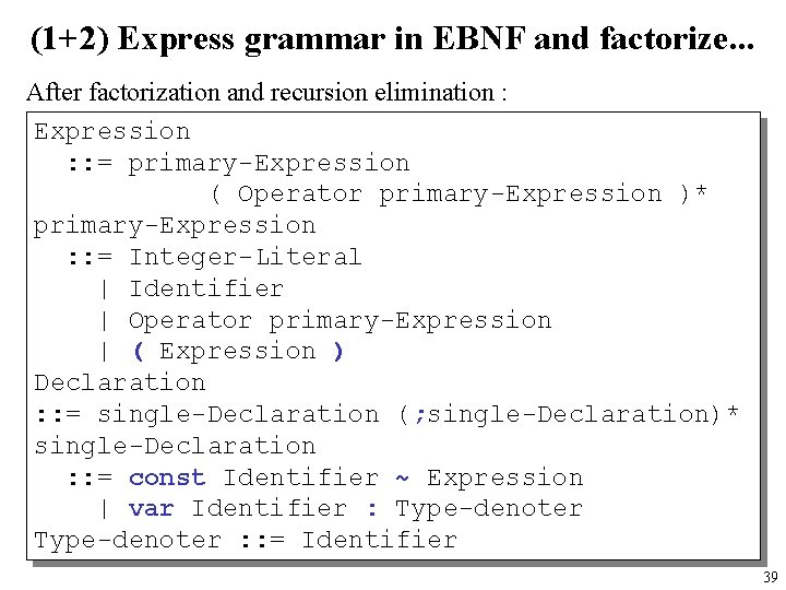 (1+2) Express grammar in EBNF and factorize. . . After factorization and recursion elimination