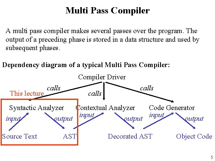 Multi Pass Compiler A multi pass compiler makes several passes over the program. The