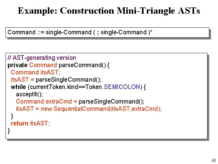 Example: Construction Mini-Triangle ASTs Command : : = single-Command ( ; single-Command )* //