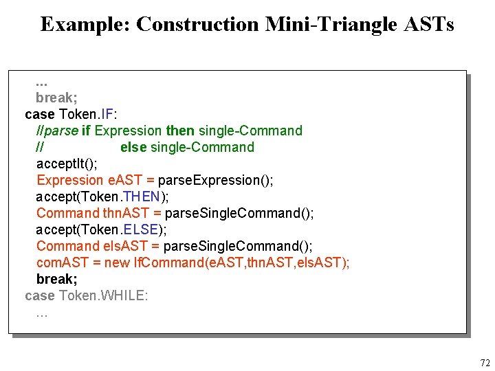 Example: Construction Mini-Triangle ASTs. . . break; case Token. IF: //parse if Expression then