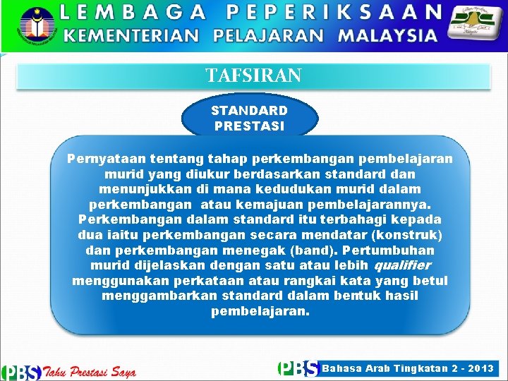 TAFSIRAN STANDARD PRESTASI Pernyataan tentang tahap perkembangan pembelajaran murid yang diukur berdasarkan standard dan