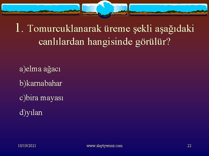 1. Tomurcuklanarak üreme şekli aşağıdaki canlılardan hangisinde görülür? a)elma ağacı b)karnabahar c)bira mayası d)yılan