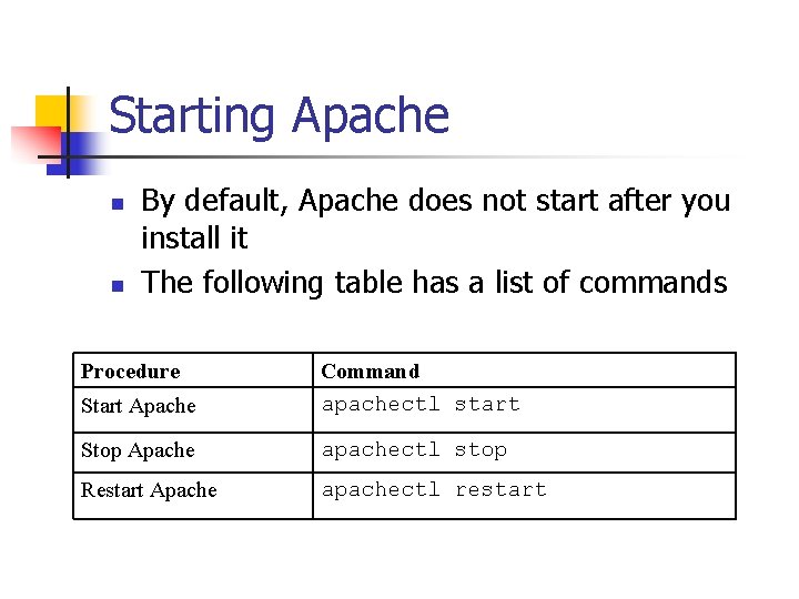 Starting Apache n n By default, Apache does not start after you install it