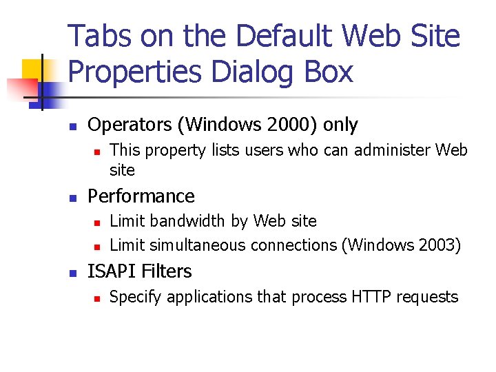 Tabs on the Default Web Site Properties Dialog Box n Operators (Windows 2000) only