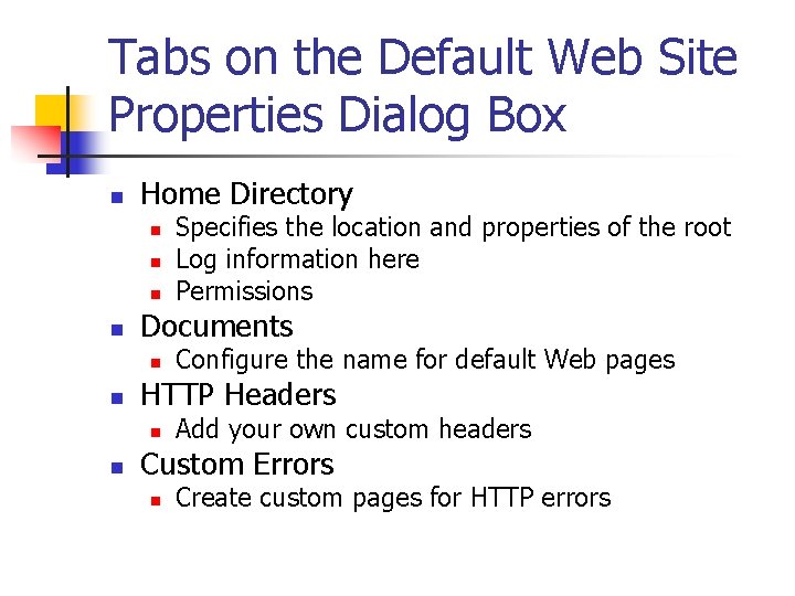 Tabs on the Default Web Site Properties Dialog Box n Home Directory n n