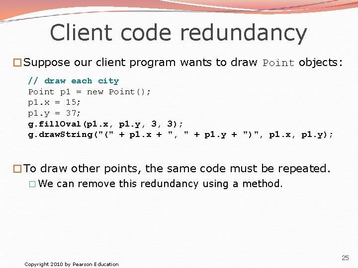 Client code redundancy �Suppose our client program wants to draw Point objects: // draw