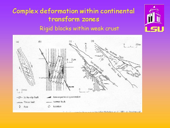Complex deformation within continental transform zones Rigid blocks within weak crust 