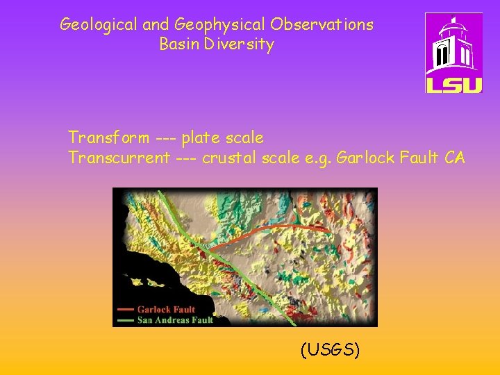 Geological and Geophysical Observations Basin Diversity Transform --- plate scale Transcurrent --- crustal scale