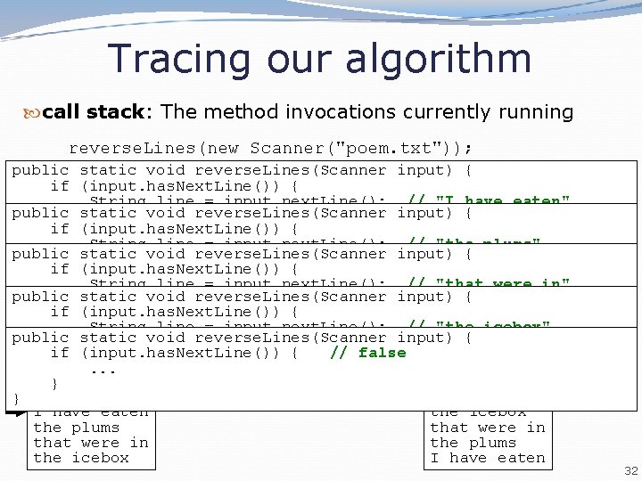 Tracing our algorithm call stack: The method invocations currently running reverse. Lines(new Scanner("poem. txt"));