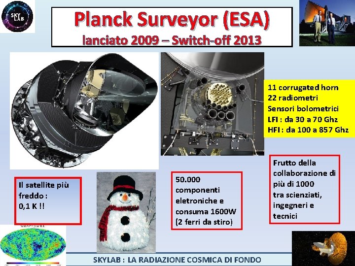 Planck Surveyor (ESA) lanciato 2009 – Switch-off 2013 11 corrugated horn 22 radiometri Sensori