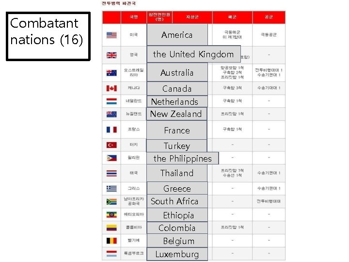 Combatant nations (16) America the United Kingdom Australia Canada Netherlands New Zealand France Turkey