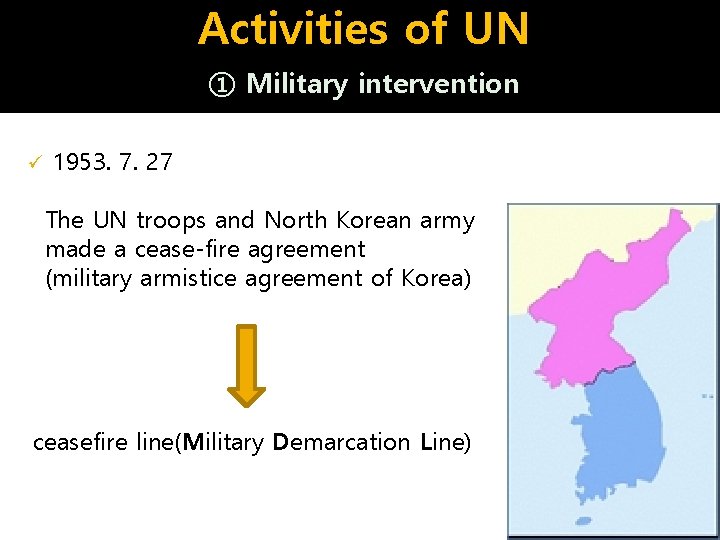 Activities of UN ① Military intervention ü 1953. 7. 27 The UN troops and