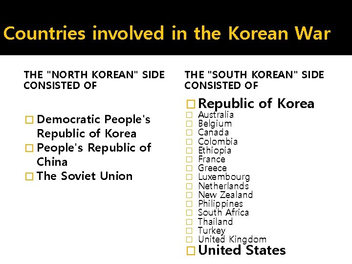 Countries involved in the Korean War THE "NORTH KOREAN" SIDE CONSISTED OF � Democratic