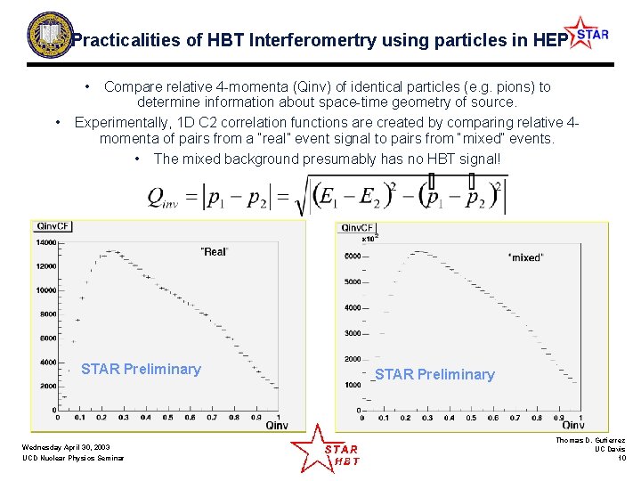 Practicalities of HBT Interferomertry using particles in HEP • Compare relative 4 -momenta (Qinv)