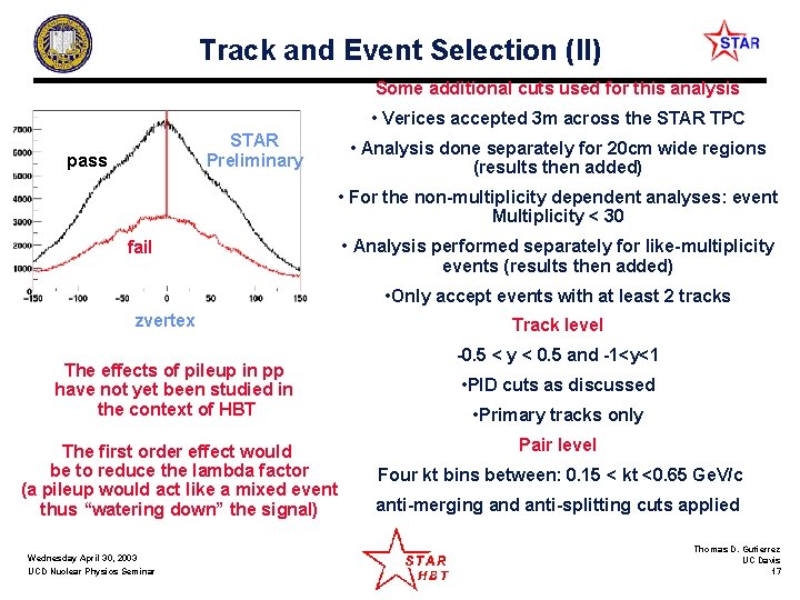 Track and Event Selection (II) Some additional cuts used for this analysis • Verices