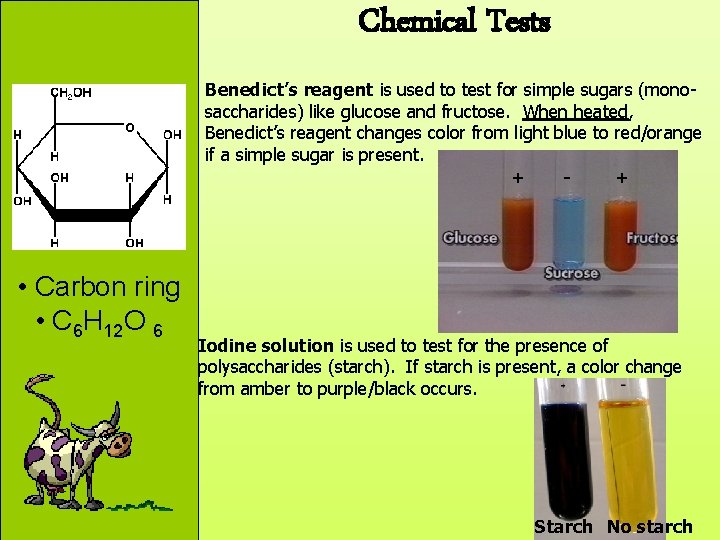 Chemical Tests Benedict’s reagent is used to test for simple sugars (monosaccharides) like glucose