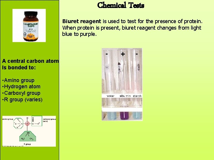 Chemical Tests Biuret reagent is used to test for the presence of protein. When