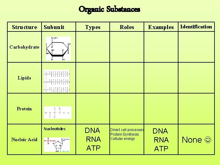 Organic Substances Structure Subunit Types Roles Examples Identification Nucleotides DNA RNA ATP Direct cell