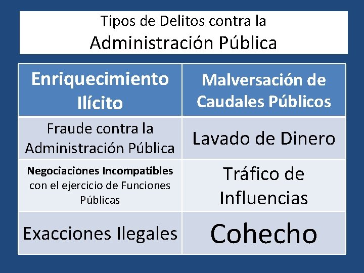 Tipos de Delitos contra la Administración Pública Enriquecimiento Ilícito Malversación de Caudales Públicos Fraude