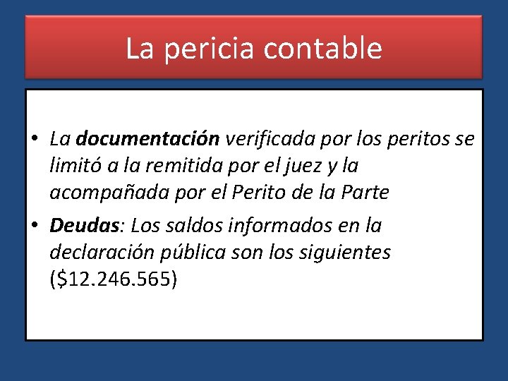 La pericia contable • La documentación verificada por los peritos se limitó a la