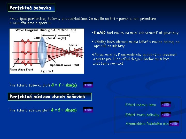 Perfektná šošovka Pre prípad perfektnej šošovky predpokladáme, že svetlo sa šíri v paraxiálnom priestore