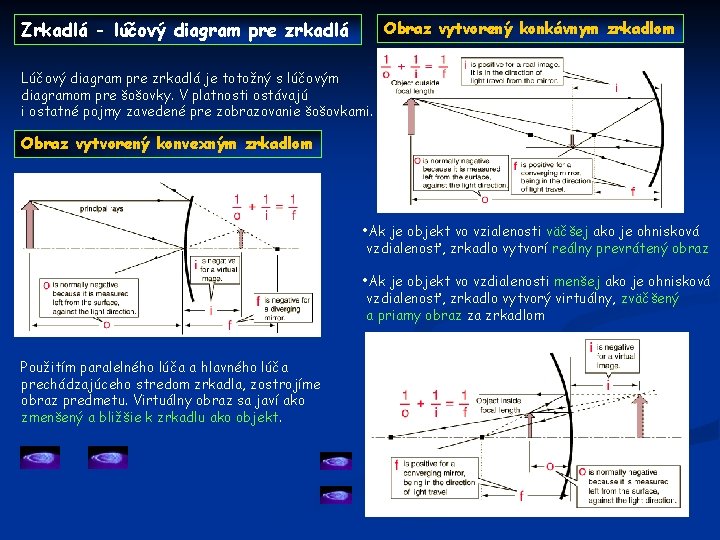 Zrkadlá - lúčový diagram pre zrkadlá Obraz vytvorený konkávnym zrkadlom Lúčový diagram pre zrkadlá