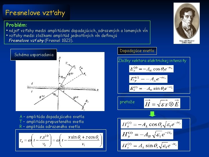 Fresnelove vzťahy Problém: • nájsť vzťahy medzi amplitúdami dopadajúcich, odrazených a lomených vĺn •