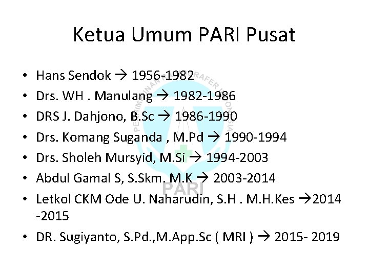 Ketua Umum PARI Pusat Hans Sendok 1956 -1982 Drs. WH. Manulang 1982 -1986 DRS