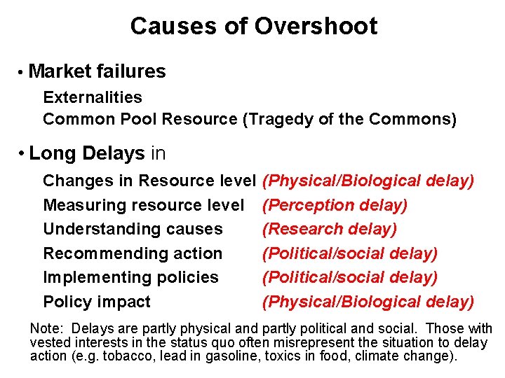 Causes of Overshoot • Market failures Externalities Common Pool Resource (Tragedy of the Commons) Causes of Overshoot • Market failures Externalities Common Pool Resource (Tragedy of the Commons)