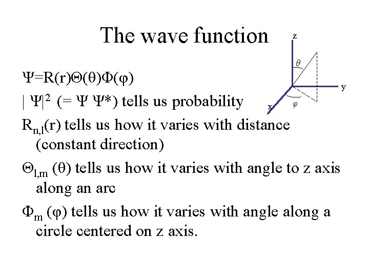 The wave function z θ Ψ=R(r)Θ(θ)Φ(φ) y | Ψ|2 (= Ψ Ψ*) tells us The wave function z θ Ψ=R(r)Θ(θ)Φ(φ) y | Ψ|2 (= Ψ Ψ*) tells us