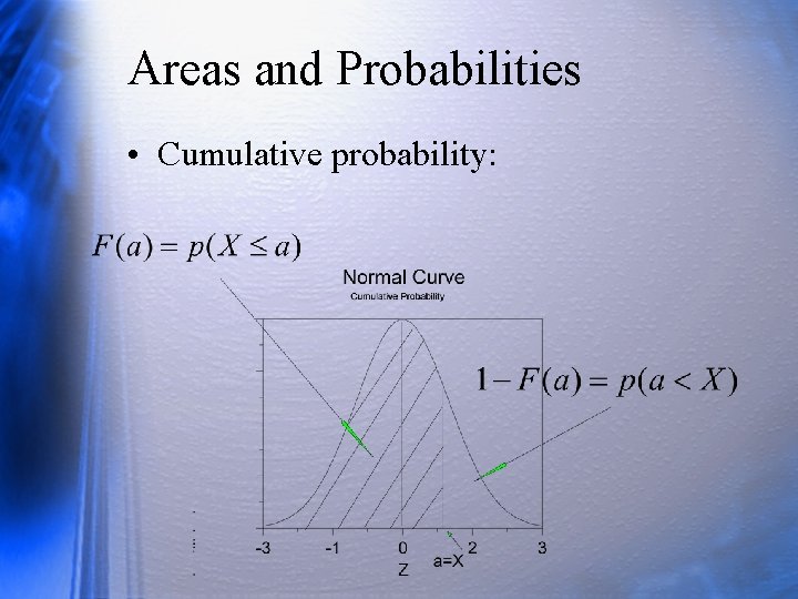 Areas and Probabilities • Cumulative probability: 