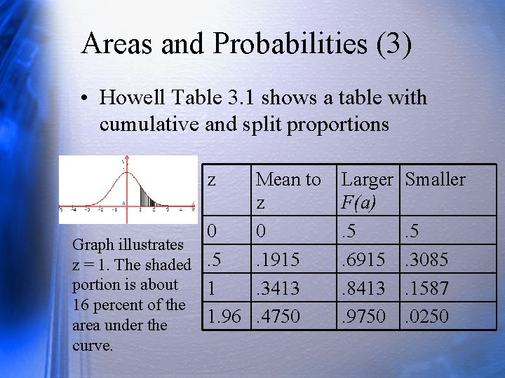 Areas and Probabilities (3) • Howell Table 3. 1 shows a table with cumulative